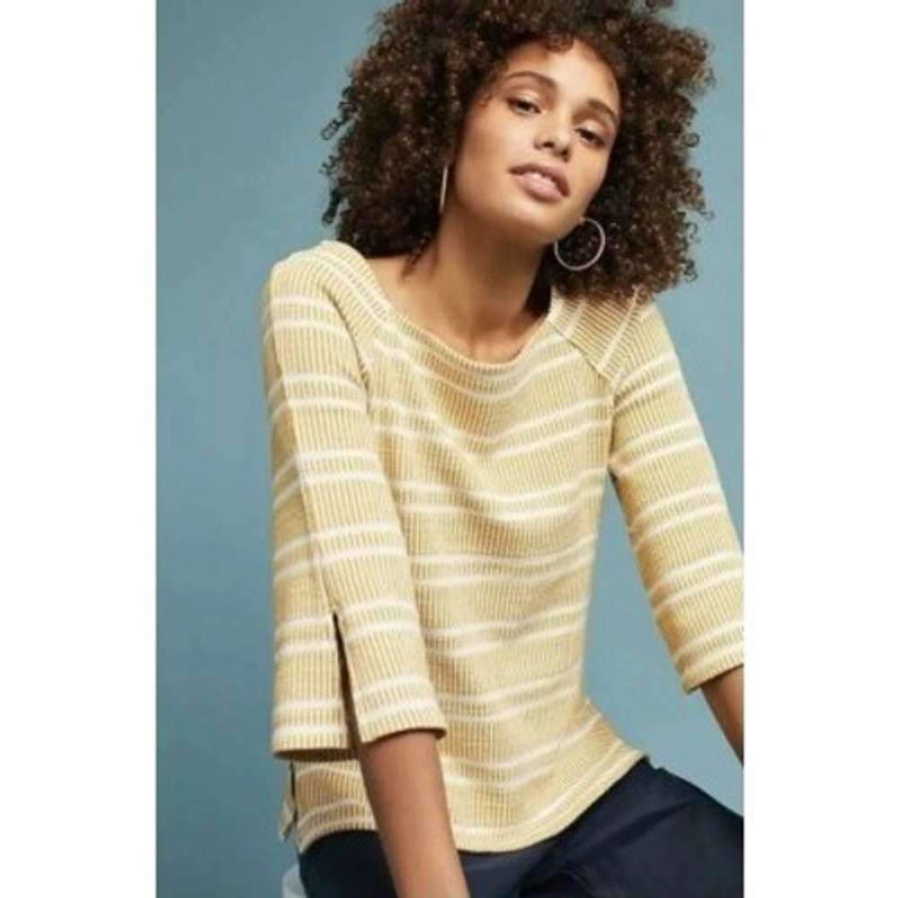 Postmark Anthropologie Mustard Cream Stripe Knit Top Bell Sleeve Cotton Blend